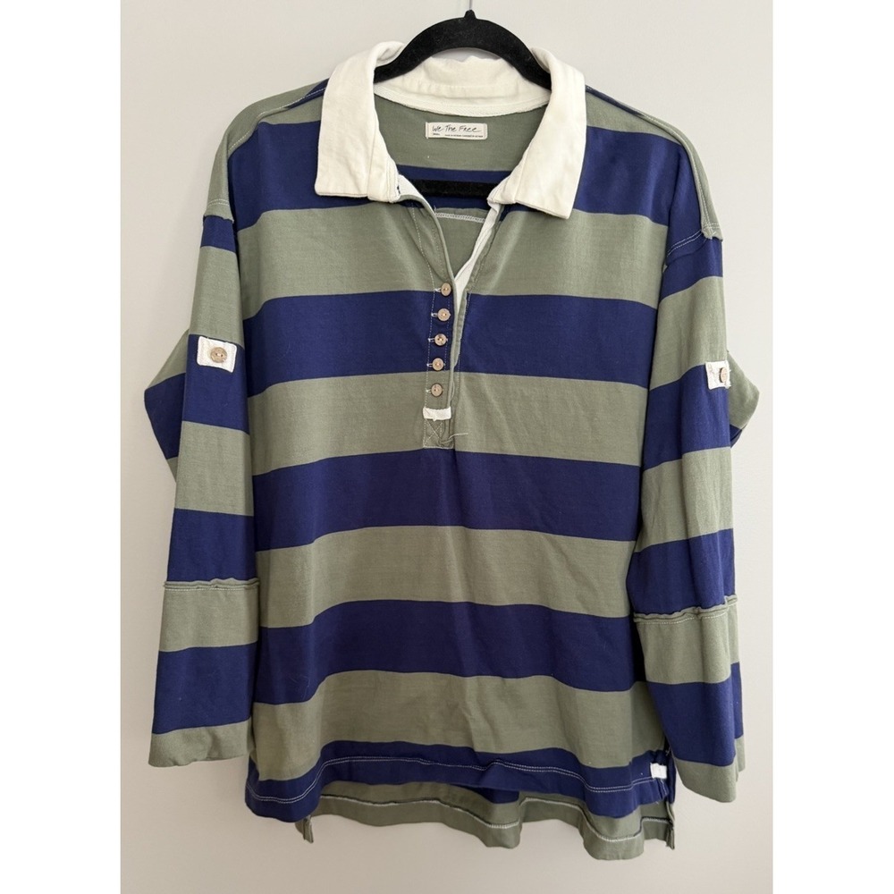 Free People We The Free Peyton Rugby Tee Blue/Green Stripe Women's Size Small